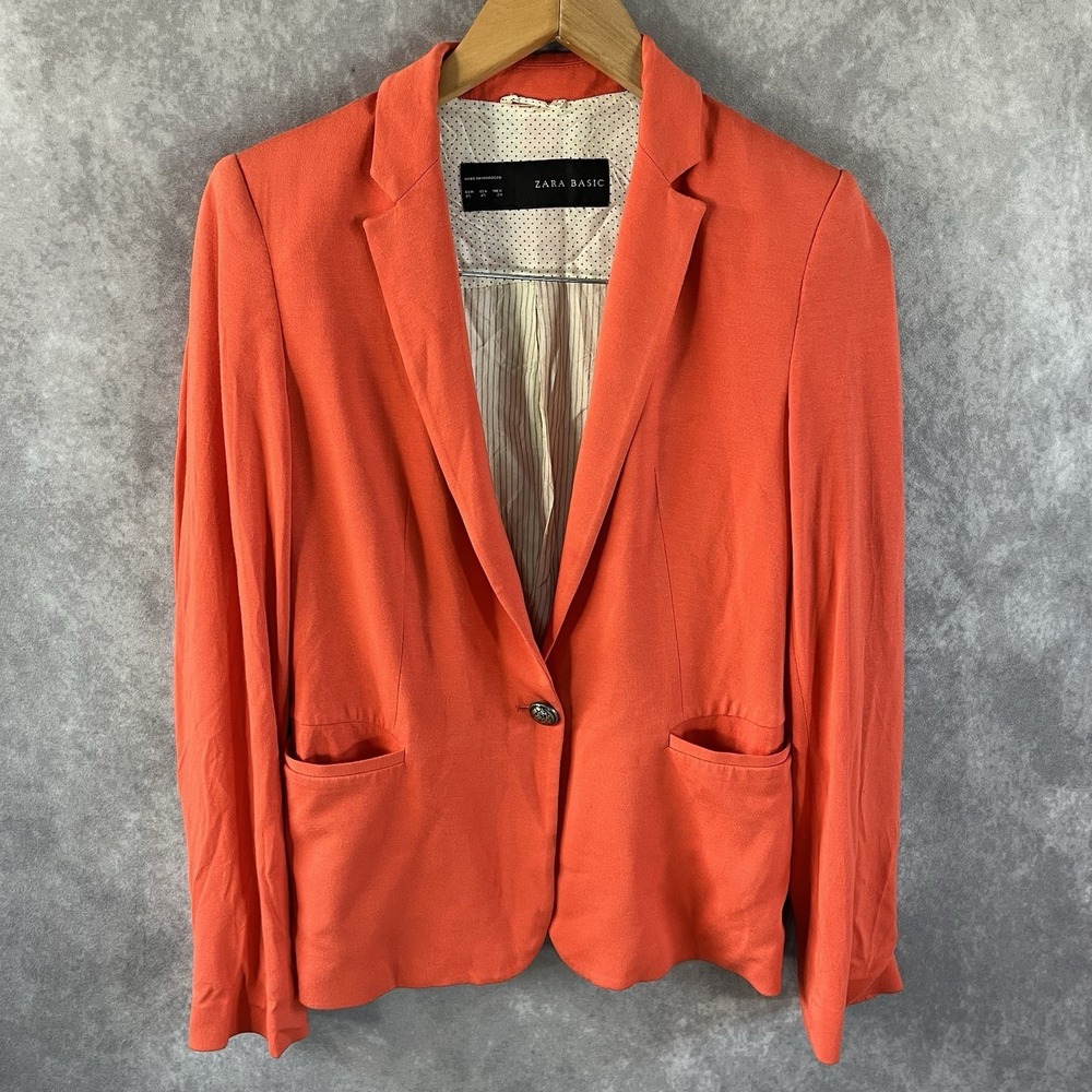 Zara Basic Blazer Women XS Coral Orange Single Button Pockets Stretch